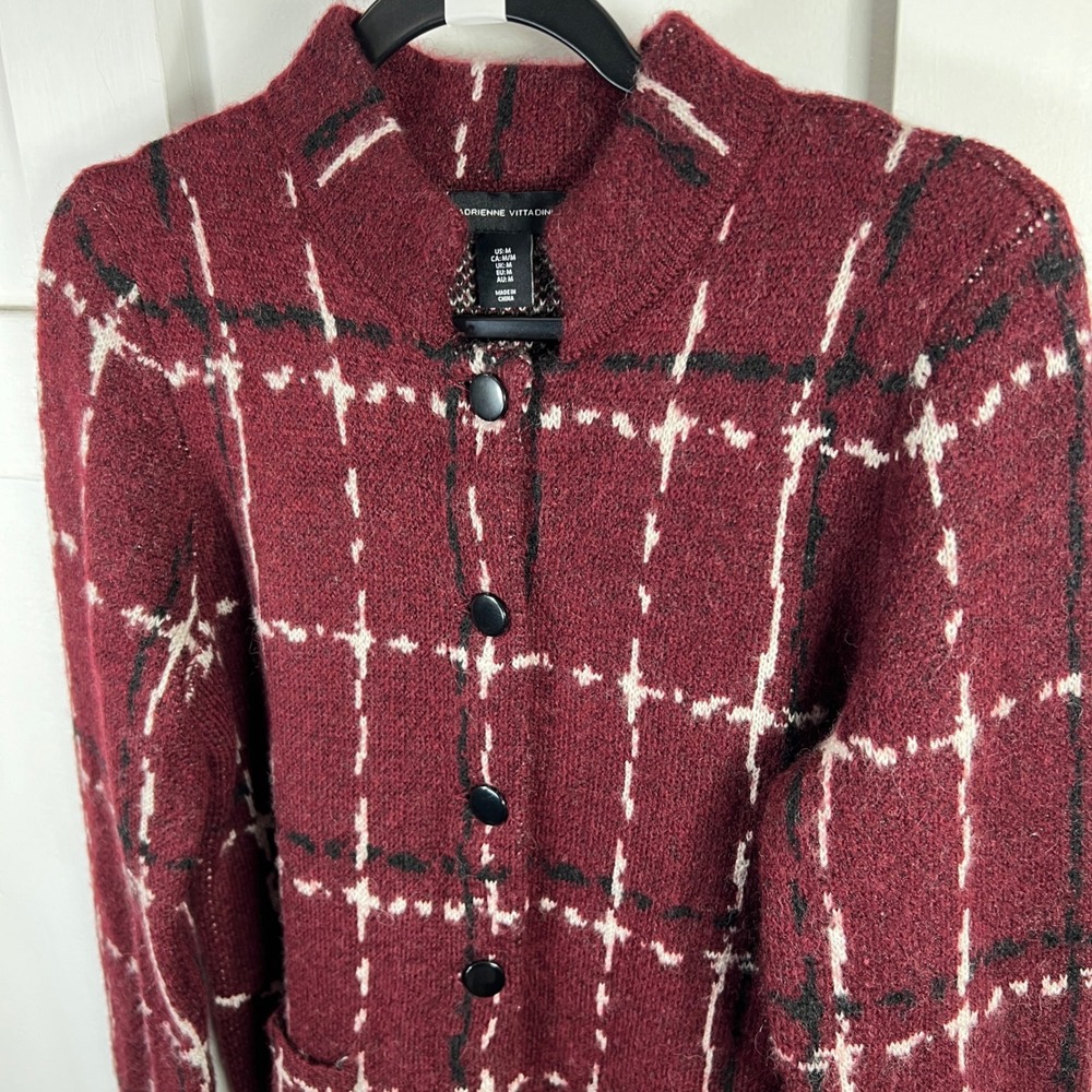 Adrienne Vittadini Burgundy Windowpane Plaid Wool Blend Cardigan Sweater Mens M